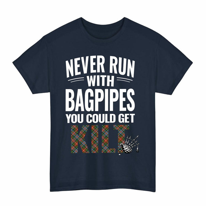 Scottish Caledonia Ancient Clan Tartan Never Run With Bagpipes T-Shirt Tartan Plaid Navy Color