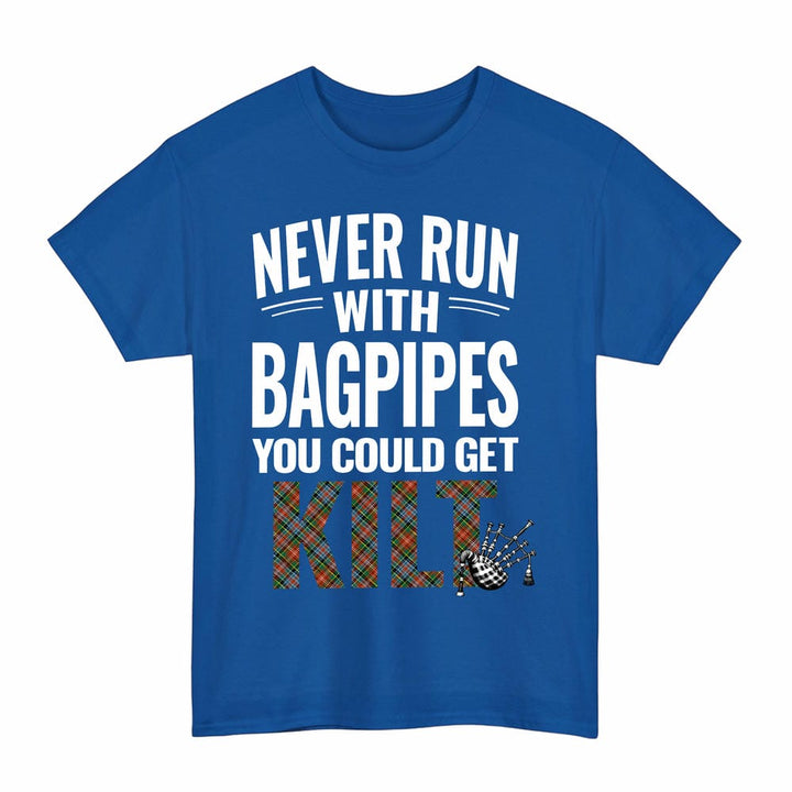 Scottish Caledonia Ancient Clan Tartan Never Run With Bagpipes T-Shirt Tartan Plaid Royal Color