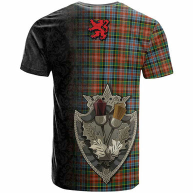 Scottish Caledonia Ancient Clan Tartan T-Shirt - Half Thistle Flowers Celtic Design Back Side Tartan Plaid