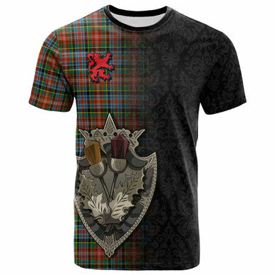 Scottish Caledonia Ancient Clan Tartan T-Shirt - Half Thistle Flowers Celtic Design Front Side Tartan Plaid