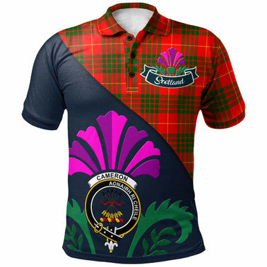 Scottish Cameron Clan Crest Tartan Polo Shirt - Scotland Thistle Style Front Side Tartan Plaid