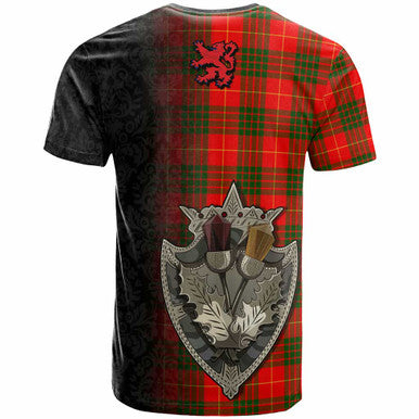 Scottish Cameron Clan Crest Tartan T-Shirt - Half Thistle Flowers Celtic Design Back Side Tartan Plaid