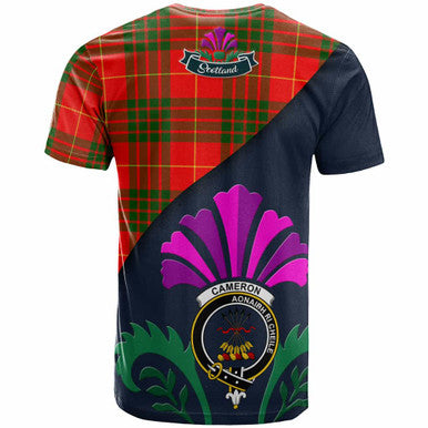 Scottish Cameron Clan Crest Tartan T-Shirt - Scotland Thistle Style Back Side Tartan Plaid