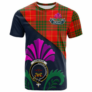 Scottish Cameron Clan Crest Tartan T-Shirt - Scotland Thistle Style Front Side Tartan Plaid