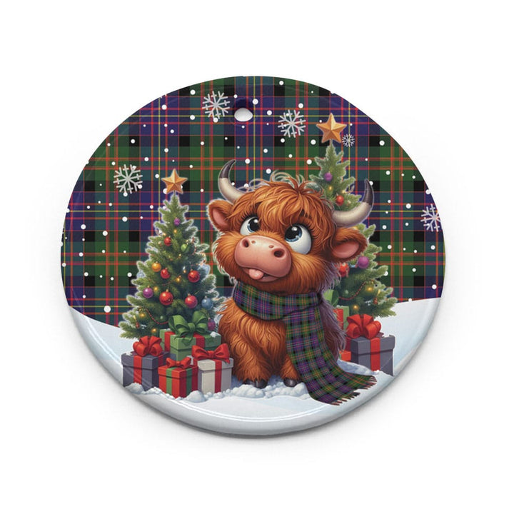 Scottish Cameron of Erracht Modern Clan Tartan Ceramic Ornament Cute Highland Cow Christmas Circle Style Tartan Plaid