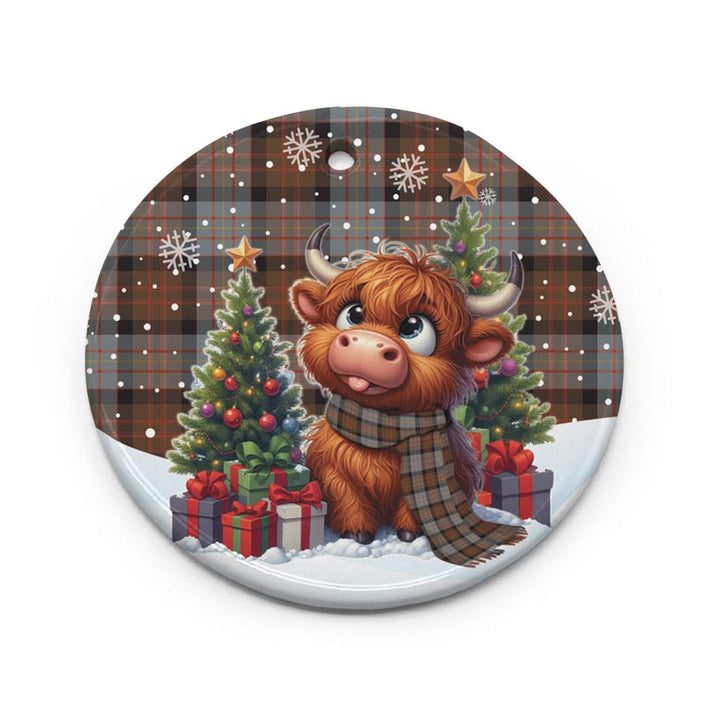 Scottish Cameron of Erracht Weathered Clan Tartan Ceramic Ornament Cute Highland Cow Christmas Circle Style Tartan Plaid