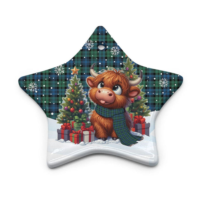 Scottish Campbell Ancient 02 Clan Tartan Ceramic Ornament Cute Highland Cow Christmas Star Style Tartan Plaid