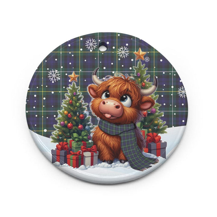 Scottish Campbell Argyll Modern Clan Tartan Ceramic Ornament Cute Highland Cow Christmas Circle Style Tartan Plaid