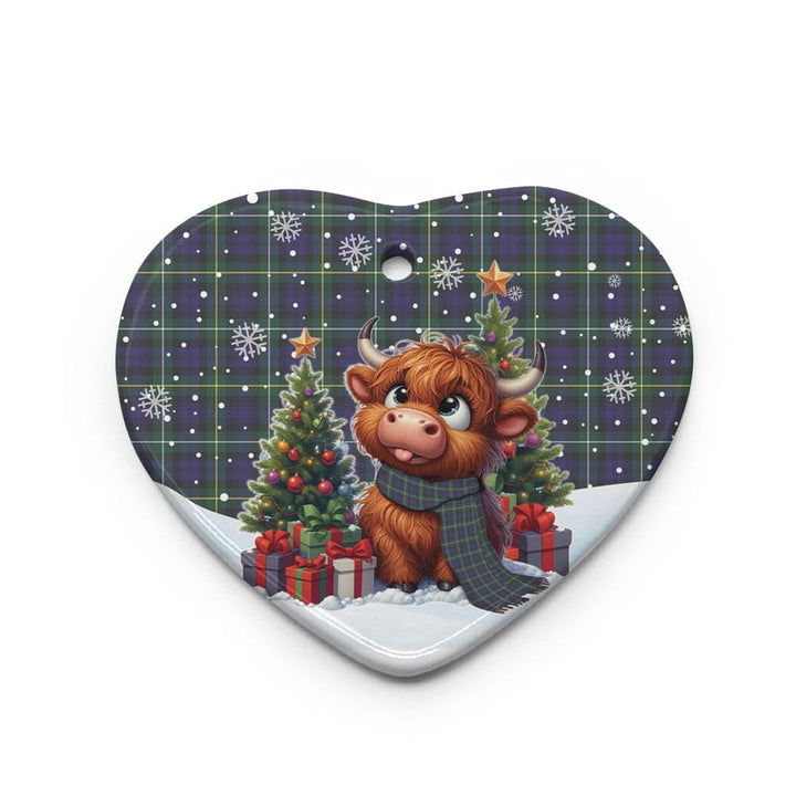 Scottish Campbell Argyll Modern Clan Tartan Ceramic Ornament Cute Highland Cow Christmas Heart Style Tartan Plaid