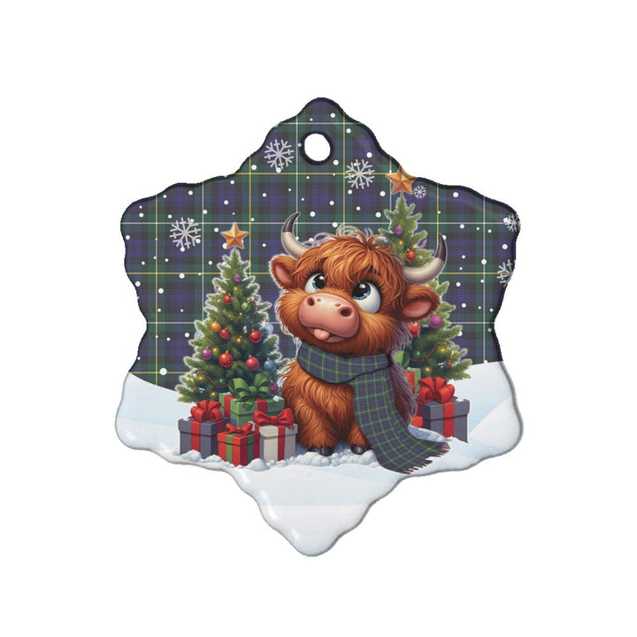 Scottish Campbell Argyll Modern Clan Tartan Ceramic Ornament Cute Highland Cow Christmas Snow Flake Style Tartan Plaid