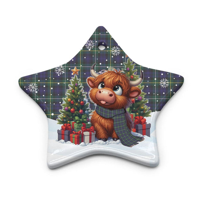 Scottish Campbell Argyll Modern Clan Tartan Ceramic Ornament Cute Highland Cow Christmas Star Style Tartan Plaid