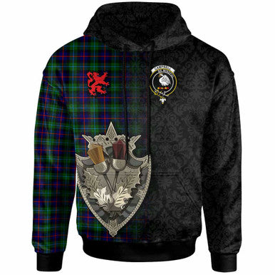 Scottish Campbell Clan Crest Tartan Hoodie - Half Thistle Flowers Celtic Design Front Side Tartan Plaid