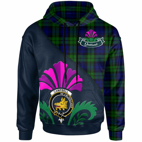 Scottish Campbell Clan Crest Tartan Hoodie - Scotland Thistle Style Front Side Tartan Plaid