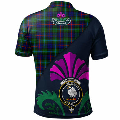 Scottish Campbell Clan Crest Tartan Polo Shirt - Scotland Thistle Style Back Side Tartan Plaid