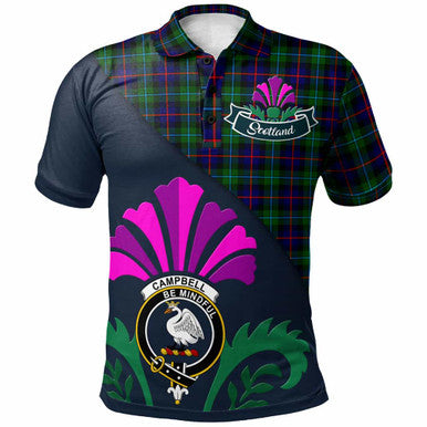 Scottish Campbell Clan Crest Tartan Polo Shirt - Scotland Thistle Style Front Side Tartan Plaid