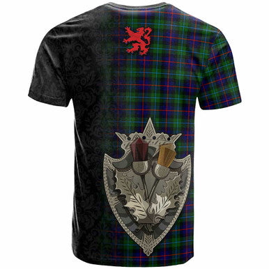 Scottish Campbell Clan Crest Tartan T-Shirt - Half Thistle Flowers Celtic Design Back Side Tartan Plaid