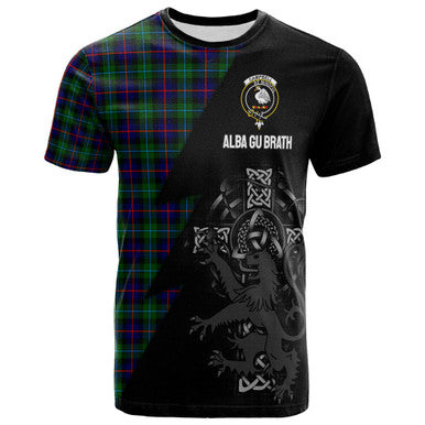 Scottish Campbell Clan Crest Tartan T-Shirt - Lion Rampant Celtic Cross Flash Style Front Side Tartan Plaid