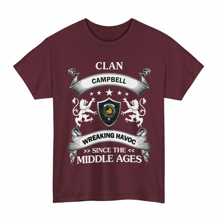 Scottish Campbell Clan Crest Tartan T-Shirt Wreaking Havoc Design Tartan Plaid Maroon Color