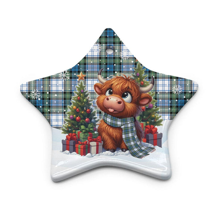 Scottish Campbell Dress Ancient Clan Tartan Ceramic Ornament Cute Highland Cow Christmas Star Style Tartan Plaid