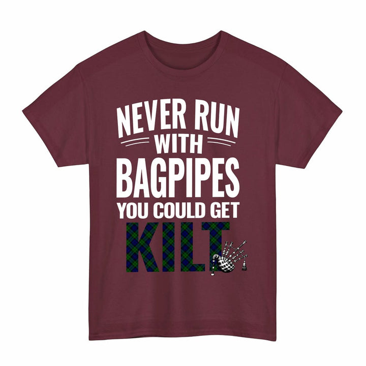 Scottish Campbell Modern Clan Tartan Never Run With Bagpipes T-Shirt Tartan Plaid Maroon Color