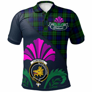 Scottish Campbell of Breadalbane Clan Crest Tartan Polo Shirt - Scotland Thistle Style Front Side Tartan Plaid
