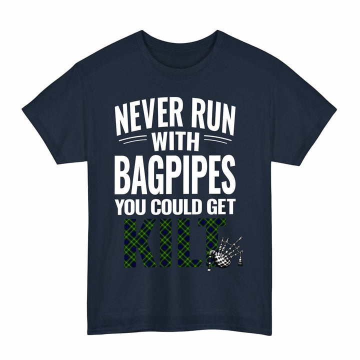 Scottish Campbell of Breadalbane Modern Clan Tartan Never Run With Bagpipes T-Shirt Tartan Plaid Navy Color