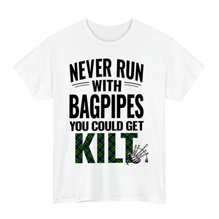 Scottish Campbell of Breadalbane Modern Clan Tartan Never Run With Bagpipes T-Shirt Tartan Plaid White Color