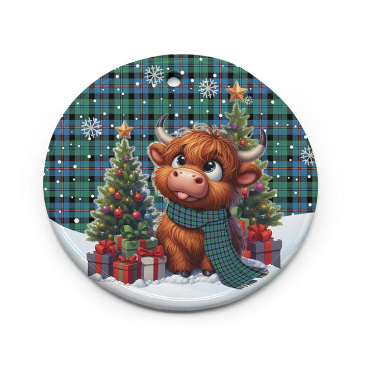 Scottish Campbell of Cawdor Ancient Clan Tartan Ceramic Ornament Cute Highland Cow Christmas Circle Style Tartan Plaid