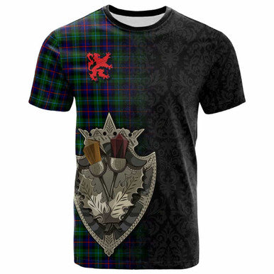 Scottish Campbell of Cawdor Modern Clan Tartan T-Shirt - Half Thistle Flowers Celtic Design Front Side Tartan Plaid