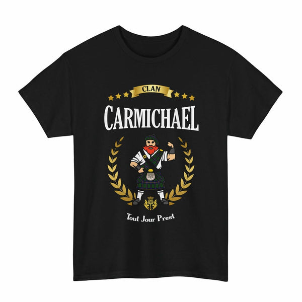 Scottish Carmichael Clan Tartan T-Shirt - Motto Scotsman Tartan Plaid Black Color