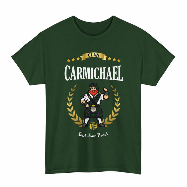 Scottish Carmichael Clan Tartan T-Shirt - Motto Scotsman Tartan Plaid Forest Green Color