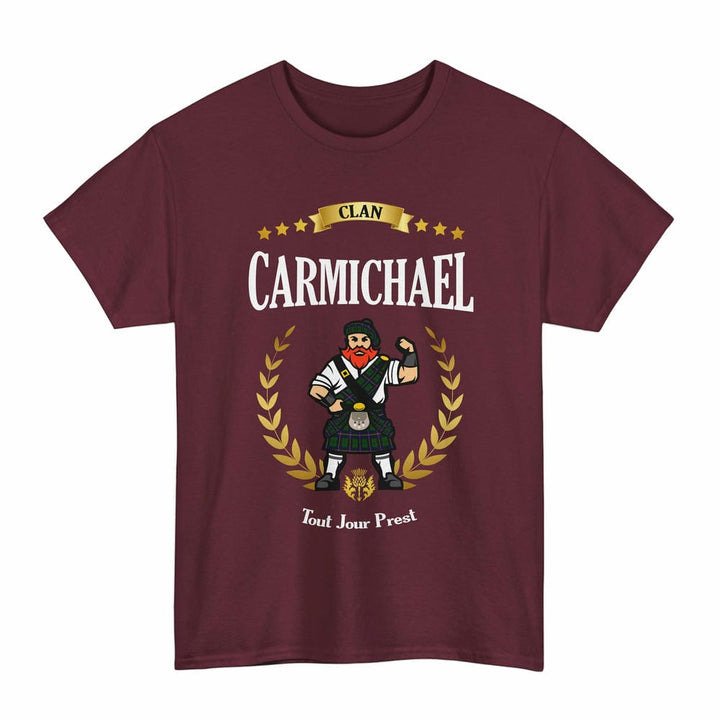 Scottish Carmichael Clan Tartan T-Shirt - Motto Scotsman Tartan Plaid Maroon Color