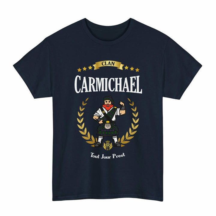 Scottish Carmichael Clan Tartan T-Shirt - Motto Scotsman Tartan Plaid Navy Color