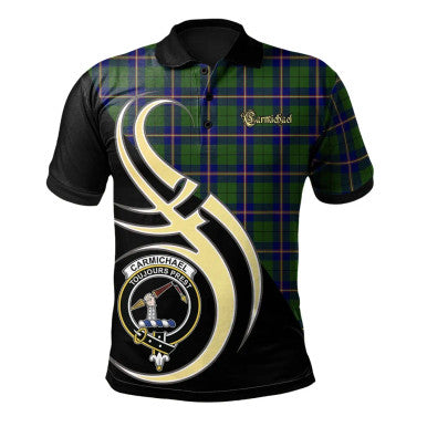 Scottish Carmichael Modern Clan Crest Tartan Polo Shirt Believe in Me Front Side Tartan Plaid