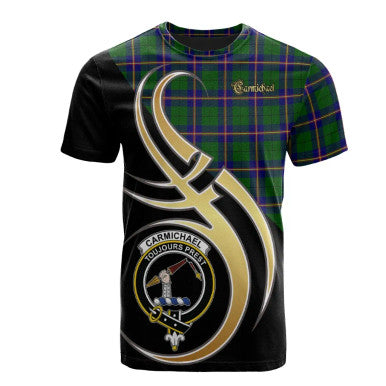 Scottish Carmichael Modern Clan Crest Tartan T-Shirt Believe in Me Front Side Tartan Plaid