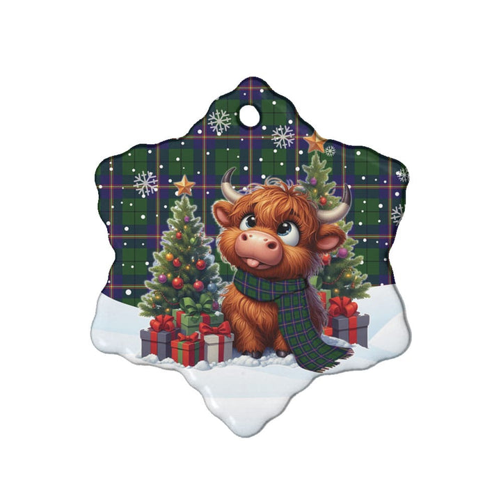 Scottish Carmichael Modern Clan Tartan Ceramic Ornament Cute Highland Cow Christmas Snow Flake Style Tartan Plaid