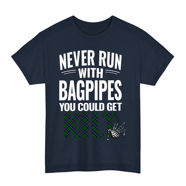 Scottish Carmichael Modern Clan Tartan Never Run With Bagpipes T-Shirt Tartan Plaid Navy Color