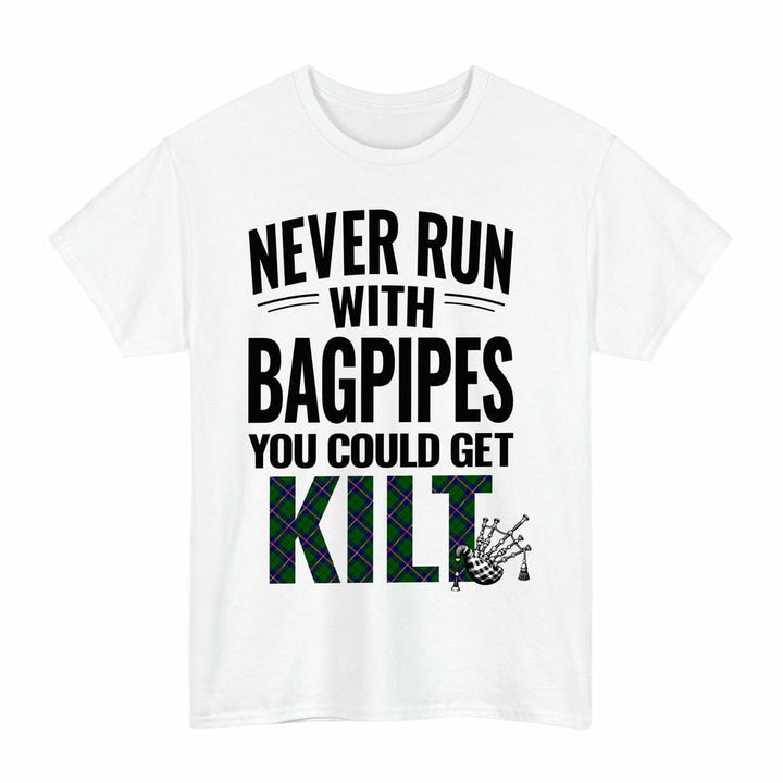 Scottish Carmichael Modern Clan Tartan Never Run With Bagpipes T-Shirt Tartan Plaid White Color