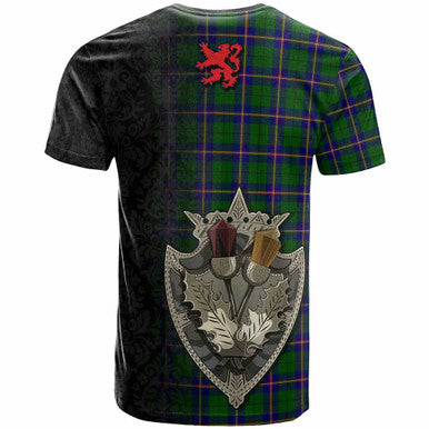 Scottish Carmichael Modern Clan Tartan T-Shirt - Half Thistle Flowers Celtic Design Back Side Tartan Plaid