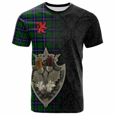 Scottish Carmichael Modern Clan Tartan T-Shirt - Half Thistle Flowers Celtic Design Front Side Tartan Plaid