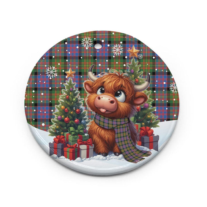 Scottish Carnegie Ancient Clan Tartan Ceramic Ornament Cute Highland Cow Christmas Circle Style Tartan Plaid
