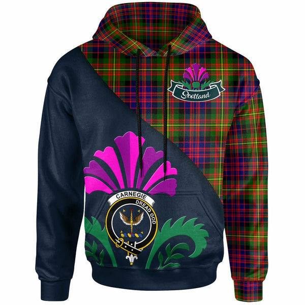 Scottish Carnegie Clan Crest Tartan Hoodie - Scotland Thistle Style Front Side Tartan Plaid