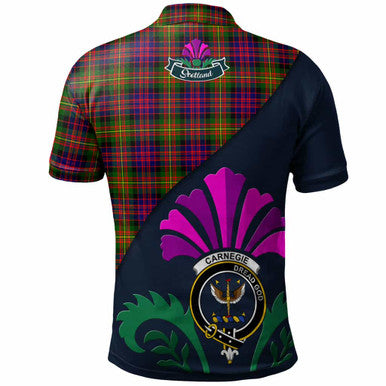 Scottish Carnegie Clan Crest Tartan Polo Shirt - Scotland Thistle Style Back Side Tartan Plaid