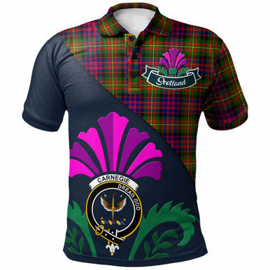 Scottish Carnegie Clan Crest Tartan Polo Shirt - Scotland Thistle Style Front Side Tartan Plaid
