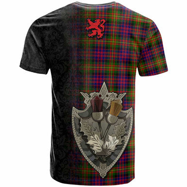 Scottish Carnegie Clan Crest Tartan T-Shirt - Half Thistle Flowers Celtic Design Back Side Tartan Plaid