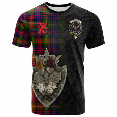 Scottish Carnegie Clan Crest Tartan T-Shirt - Half Thistle Flowers Celtic Design Front Side Tartan Plaid