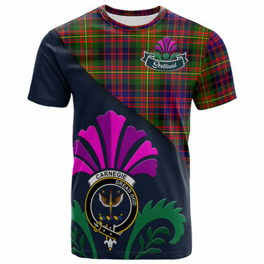 Scottish Carnegie Clan Crest Tartan T-Shirt - Scotland Thistle Style Front Side Tartan Plaid