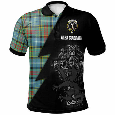 Scottish Cathcart Clan Crest Tartan Polo Shirt - Lion Rampant Celtic Cross Flash Style Front Side Tartan Plaid