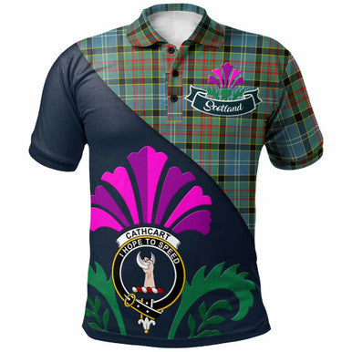 Scottish Cathcart Clan Crest Tartan Polo Shirt - Scotland Thistle Style Front Side Tartan Plaid