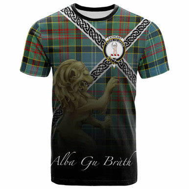 Scottish Cathcart Clan Crest Tartan T-Shirt - Celtic With Scotland Lion Front Side Tartan Plaid